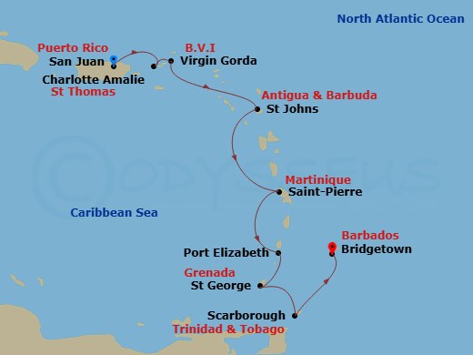 8 Night - Southern Caribbean Cruise : Martinique, Grenada & U.S. Virgin Islands - Azamara Quest - Starting in San Juan, Charlotte Amalie, St Thomas, Virgin Gorda, St Johns AG, Saint-Pierre, Port Elizabeth VC, Bequia, Saint Georges, Grenada, Scarborough, Tobago, Bridgetown itinerary map