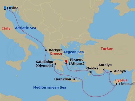 11 Night - Greece, Cyprus & Turkey Cruise : Rhodes, Limassol & Antalya - Azamara Journey - Starting in Venice (Fusina), Corfu, Olympia (Katakolon), Heraklion, (Crete), Limassol, Alanya, Antalya, Rhodes, Athens (Piraeus) itinerary map