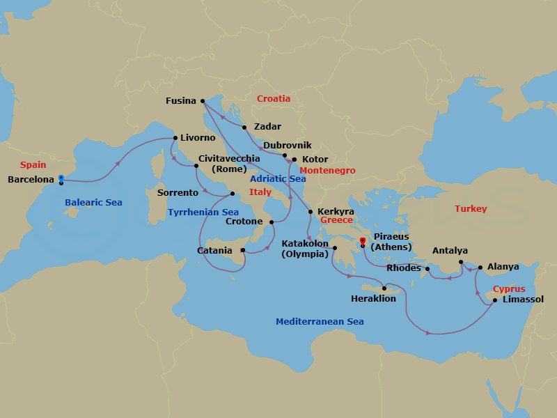 21 Night - Italy, Greece & Turkey Cruise : Rome, Venice & Athens - Azamara Journey - Starting in Barcelona, Florence / Pisa (Livorno), Rome (Civitavecchia), Sorrento, Catania, (Sicily), Crotone, Kotor, Dubrovnik, Croatia, Zadar, Venice (Fusina), Corfu, Olympia (Katakolon), Heraklion, (Crete), Limassol, Alanya, Antalya, Rhodes, Athens (Piraeus) itinerary map