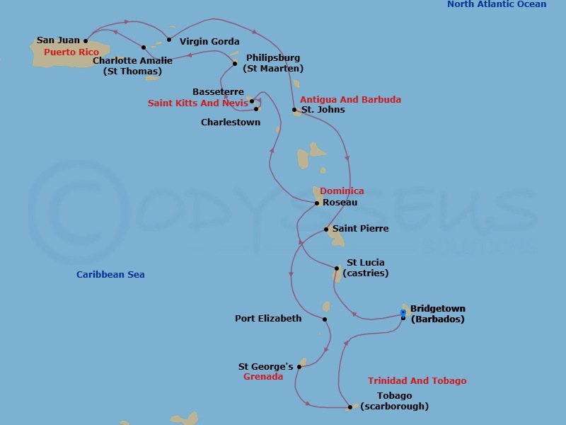 14 Night - Caribbean Cruise : Dominica, Bequia & Grenada - Azamara Quest - Starting in Bridgetown, Castries, Roseau, Basseterre, St Kitts, Charlestown, Nevis, Philipsburg, Charlotte Amalie, St Thomas, San Juan, Virgin Gorda, St Johns AG, Saint-Pierre, Port Elizabeth VC, Bequia, Saint Georges, Grenada, Scarborough, Tobago, Bridgetown itinerary map