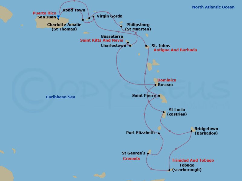15 Night - Caribbean Cruise : Antigua, Grenada & Saint Lucia - Azamara Quest - Starting in San Juan, Charlotte Amalie, St Thomas, Virgin Gorda, St Johns AG, Saint-Pierre, Port Elizabeth VC, Bequia, Saint Georges, Grenada, Scarborough, Tobago, Bridgetown, Castries, Roseau, Basseterre, St Kitts, Charlestown, Nevis, Philipsburg, Road Town, Tortola, San Juan itinerary map