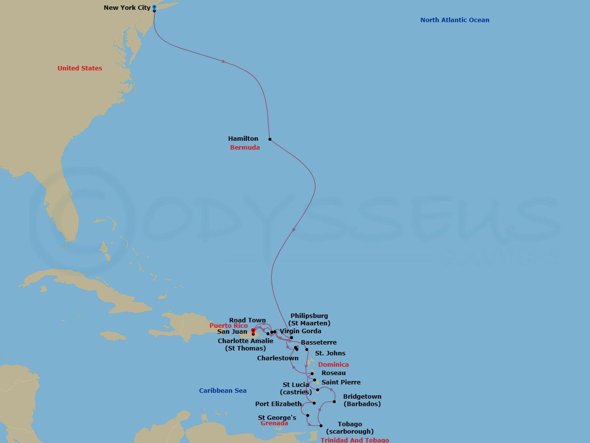 24 Night - Bermuda & Eastern Caribbean Cruise : Tortola, Barbados & Saint Kitts - Azamara Quest - Starting in New York City, New York, Hamilton, Philipsburg, Road Town, Tortola, San Juan, Charlotte Amalie, St Thomas, Virgin Gorda, St Johns AG, Saint-Pierre, Port Elizabeth VC, Bequia, Saint Georges, Grenada, Scarborough, Tobago, Bridgetown, Castries, Roseau, Basseterre, St Kitts, Charlestown, Nevis, Philipsburg, Road Town, Tortola, San Juan itinerary map
