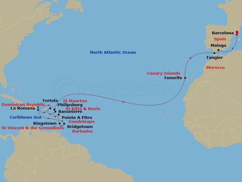 Costa Fascinosa - 21 Night - Caribbean from La Romana to Barcelona - Costa Fascinosa - Starting in Casa De Campo / La Romana, Kingstown, Saint Vincent, Bridgetown, Barbados, Po.. itinerary map