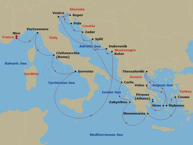 Azamara Onward - 21 Night - Greece & Croatia Cruise : Syros, Mykonos & Kotor - Azamara Onward - Starting in Athens (Piraeus), Syros, Thessaloniki, Volos, Mykonos, Cesme, Monem.. itinerary map