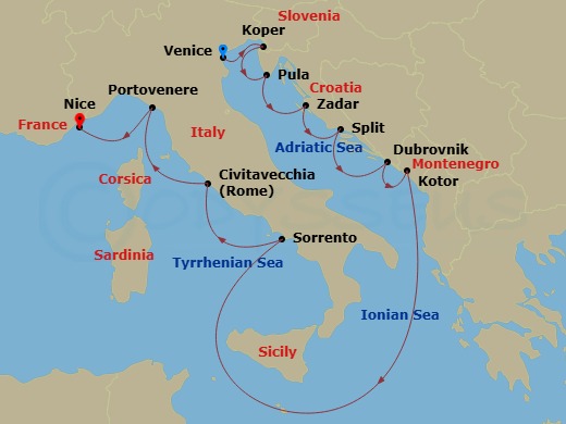 Azamara Onward - 11 Night - Italy & Croatia Cruise : Venice, Dubrovnik & Rome - Azamara Onward - Starting in Venice, Koper, Pula, Zadar, Split, Dubrovnik, Croatia, Kotor, Sorr.. itinerary map