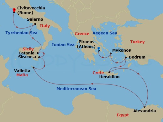 Azamara Onward - 14 Night - Egypt, Greece & Italy Cruise : Alexandria, Crete & Salerno - Azamara Onward - Starting in Athens (Piraeus), Mykonos, Bodrum, Heraklion, (Crete), Al.. itinerary map