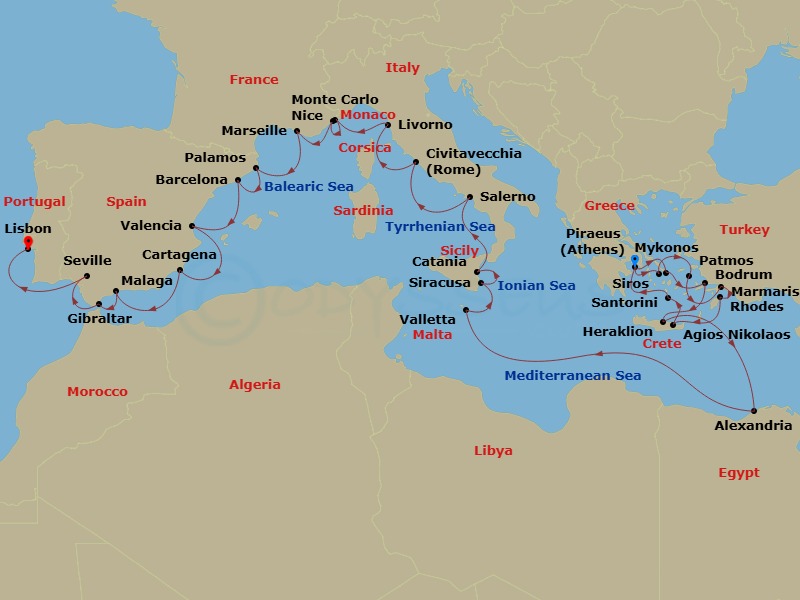 Azamara Onward - 38 Night - Athens to Lisbon Grand Voyage - Azamara Onward - Starting in Athens (Piraeus), Syros, Patmos, Marmaris, Rhodes, Agios Nikolaos, (Crete), Santorini,.. itinerary map