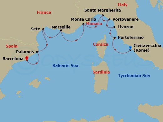 Azamara Onward - 10 Night - Italy, France & Spain Cruise : Florence, Marseille & Barcelona - Azamara Onward - Starting in Rome (Civitavecchia), Portoferraio (Elba), Florence /.. itinerary map