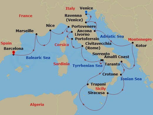 Azamara Onward - 18 Night - Italy Intensive Cruise : Taranto, Amalfi & Sorrento - Azamara Onward - Starting in Venice, Bologna (Ravenna), Ancona, Kotor, Taranto, Crotone, Sira.. itinerary map