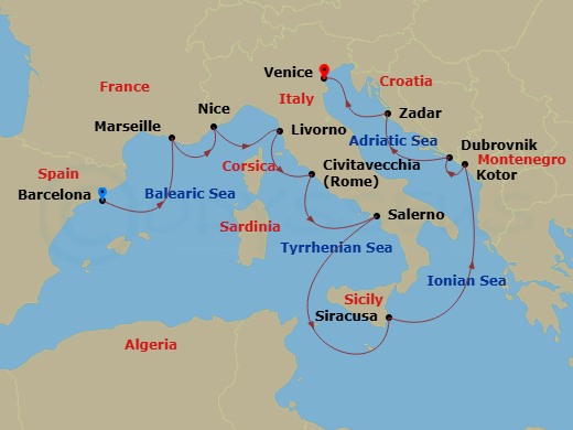 Azamara Onward - 12 Night - Best of the Mediterranean Cruise : Monte Carlo, Florence, Rome & Venice - Azamara Onward - Starting in Barcelona, Provence (Marseille), Nice, Flore.. itinerary map