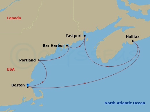 NCL Norwegian Breakaway Cruise Tours - 9 Night - Boston Hampton Inn Pre Cruisetour Package - NCL Norwegian Breakaway Cruise Tours - Starting in At Hotel, Boston, Ma, Portland ME, Bar Harbor, Me, Ea.. itinerary map