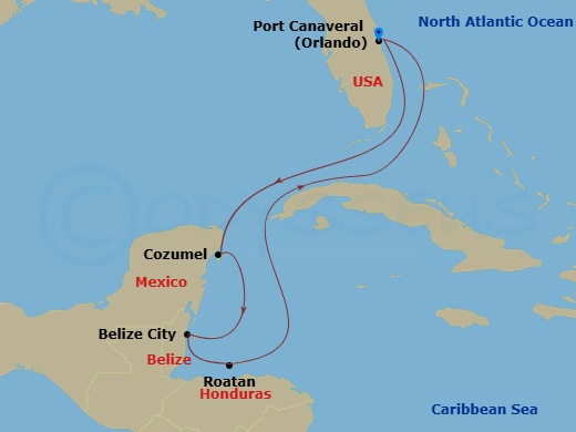 MSC Seashore - 7 Night - Caribbean and Antilles - MSC Seashore - Starting in Port Canaveral (Orlando), Florida, Cozumel, Mexico, Belize City, Belize, Roatan Island, Honduras.. itinerary map