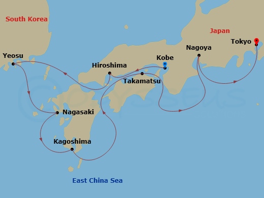 Azamara Pursuit - 9 Night - Japan Intensive : Kobe, Takamatsu & Tokyo - Azamara Pursuit - Starting in Kobe, Hiroshima, Yeosu, Nagasaki, Kagoshima, Takamatsu, Nagoya, Tokyo itinerary map