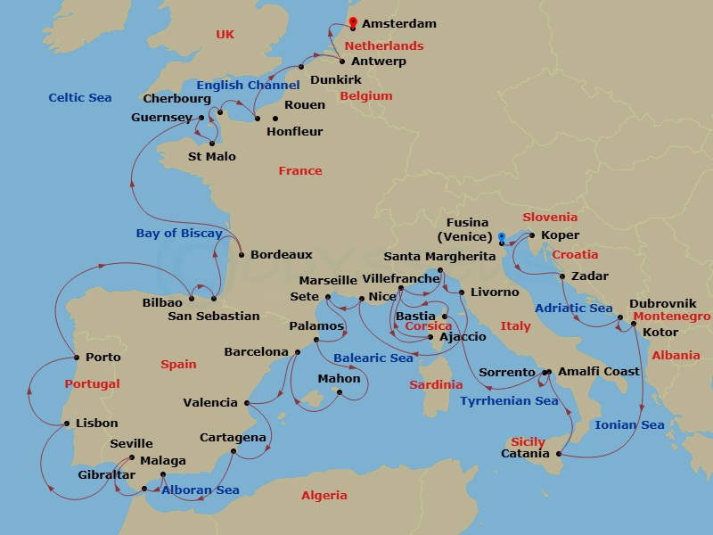 Azamara Quest - 46 Night - Venice to Amsterdam Grand Voyage - Azamara Quest - Starting in Venice (Fusina), Koper, Zadar, Dubrovnik, Croatia, Kotor, Catania, (Sicily), Amalfi,.. itinerary map