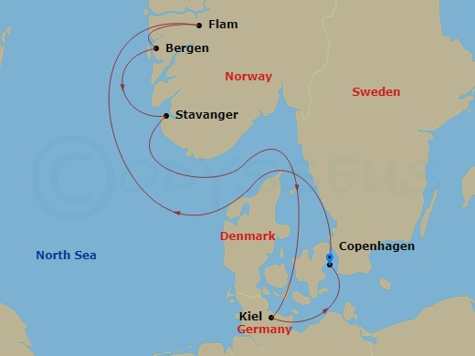 Costa Diadema - 7 Night - North Europe from Copenhagen - Costa Diadema - Starting in Copenhagen, Flam, Norway, Bergen, Stavanger, Kiel, Copenhagen itinerary map