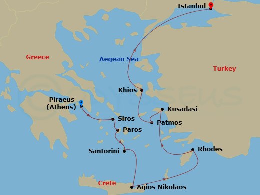 Azamara Onward - 10 Night - Greece Intensive Cruise : Syros, Paros & Patmos - Azamara Onward - Starting in Athens (Piraeus), Syros, Paros, Santorini, Agios Nikolaos, (Crete),.. itinerary map