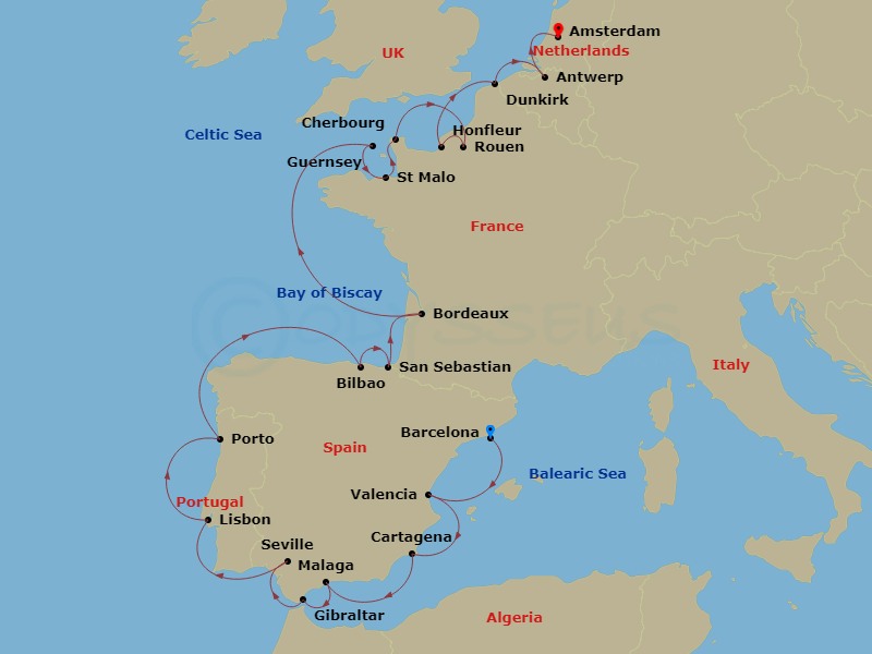 Azamara Quest - 25 Night - Spain & France Cruise : Seville, Bordeaux & Normandy - Azamara Quest - Starting in Barcelona, Valencia, Cartagena ES, Malaga, Gibraltar, Seville, L.. itinerary map