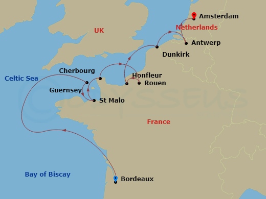Azamara Quest - 11 Night - France Intensive Cruise : Saint-Malo, Rouen & Honfleur - Azamara Quest - Starting in Bordeaux, Saint Peter Port, Saint-malo, Cherbourg, Rouen (Pari.. itinerary map
