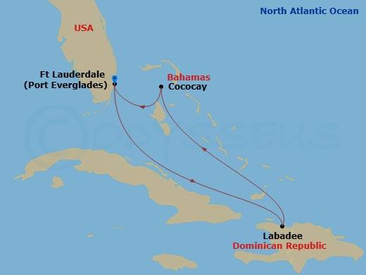 RCL Adventure of the Seas - 5 Night - Perfect Day Cococay & East Carib - RCL Adventure of the Seas - Starting in Fort Lauderdale, Florida, Labadee, Haiti, Perfect Day Cococay, Bahamas, F.. itinerary map