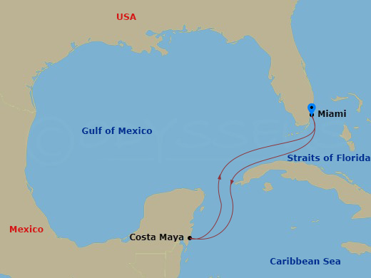 RCL Freedom of the Seas - 4 Night - Western Caribbean Getaway - RCL Freedom of the Seas - Starting in Miami, Florida, Puerto Costa Maya, Mexico, Miami, Florida itinerary map