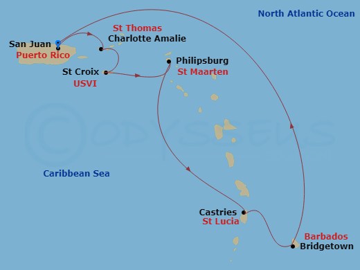 RCL Grandeur of the Seas - 7 Night - Southern Caribbean Cruise - RCL Grandeur of the Seas - Starting in San Juan, Puerto Rico, Charlotte Amalie, St Thomas, St Croix, US Virgin Islands,.. itinerary map