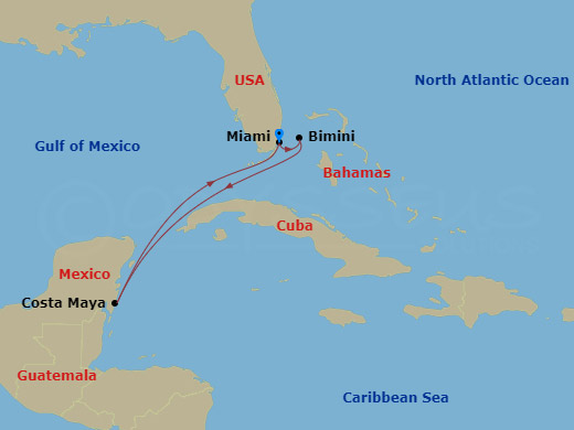RCL Freedom of the Seas - 5 Night - Western Caribbean Getaway - RCL Freedom of the Seas - Starting in Miami, Florida, Bimini, Bahamas, Puerto Costa Maya, Mexico, Miami, Florida itinerary map