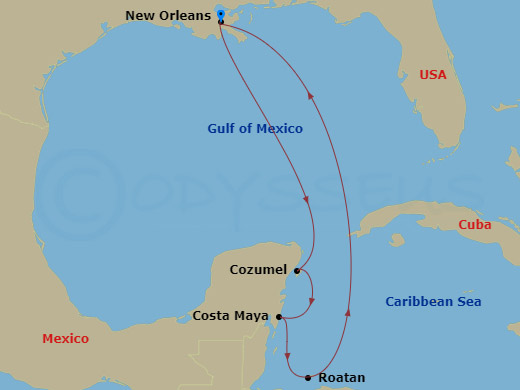 RCL Mariner of the Seas - 7 Night - Western Caribbean Holiday - RCL Mariner of the Seas - Starting in New Orleans, Louisiana, Cozumel, Mexico, Puerto Costa Maya, Mexico, Roatan, Hondur.. itinerary map