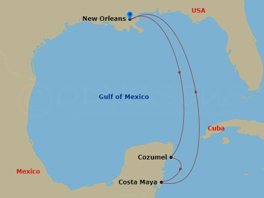 RCL Mariner of the Seas - 6 Night - Western Caribbean Cruise - RCL Mariner of the Seas - Starting in New Orleans, Louisiana, Cozumel, Mexico, Puerto Costa Maya, Mexico, New Orleans, Lo.. itinerary map