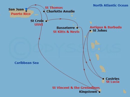 8 Night - Southern Caribbean Holiday - Rhapsody of the Seas - Starting in San Juan, Puerto Rico, Charlotte Amalie, St Thomas, St Croix, US Virgin Islands, Basseterre, St Kitts and Nevis, Castries, St Lucia, St Johns AG, Antigua, Kingstown, St Vincent, San Juan, Puerto Rico itinerary map