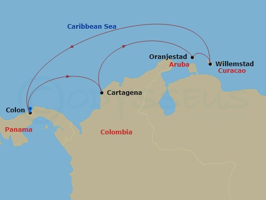 RCL Grandeur of the Seas - 7 Night - Southern Caribbean Cruise - RCL Grandeur of the Seas - Starting in Colon, Panama, Cartagena CO, Oranjestad, Aruba, Willemstad AN, Curacao, Colon, Pa.. itinerary map