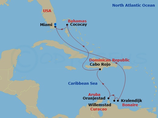 RCL Freedom of the Seas - 9 Night - Perfect Day Cococay & South Carib - RCL Freedom of the Seas - Starting in Miami, Florida, Kralendijk, Bonaire, Willemstad AN, Curacao, Oranjestad, A.. itinerary map