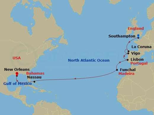 17 Night - Spain & Portugal Transatlantic - Mariner of the Seas - Starting in Southampton, England, La Coruna, Spain, Vigo, Spain, Lisbon, Portugal, Madeira (Funchal), Portugal, Nassau, Bahamas, New Orleans, Louisiana itinerary map