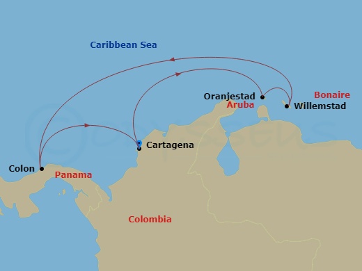 RCL Grandeur of the Seas - 7 Night - Southern Caribbean Cruise - RCL Grandeur of the Seas - Starting in Cartagena CO, Oranjestad, Aruba, Willemstad AN, Curacao, Colon, Panama, Cartagena.. itinerary map
