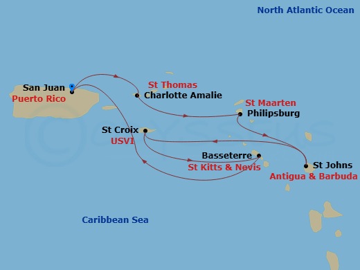 7 Night - Southern Caribbean Cruise - Rhapsody of the Seas - Starting in San Juan, Puerto Rico, Charlotte Amalie, St Thomas, Philipsburg, St Maarten, St Johns AG, Antigua, St Croix, US Virgin Islands, Basseterre, St Kitts and Nevis, San Juan, Puerto Rico itinerary map