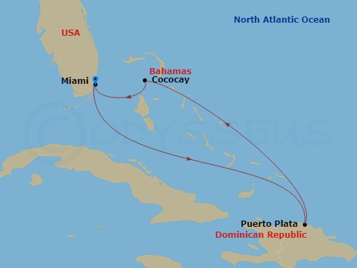 RCL Freedom of the Seas - 5 Night - Perfect Day Cococay & East Carib - RCL Freedom of the Seas - Starting in Miami, Florida, Puerto Plata, Dominican Republic, Perfect Day Cococay, Baha.. itinerary map