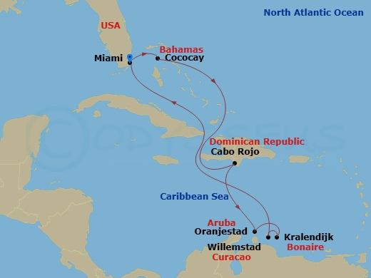 RCL Freedom of the Seas - 9 Night - Perfect Day Cococay & South Carib - RCL Freedom of the Seas - Starting in Miami, Florida, Perfect Day Cococay, Bahamas, Cabo Rojo, Dominican Republi.. itinerary map