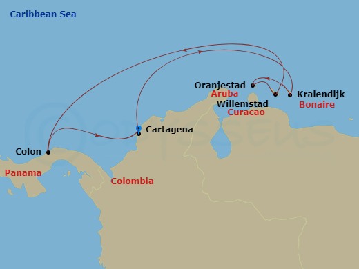RCL Grandeur of the Seas - 7 Night - Southern Caribbean Cruise - RCL Grandeur of the Seas - Starting in Cartagena CO, Kralendijk, Bonaire, Oranjestad, Aruba, Willemstad AN, Curacao, Col.. itinerary map
