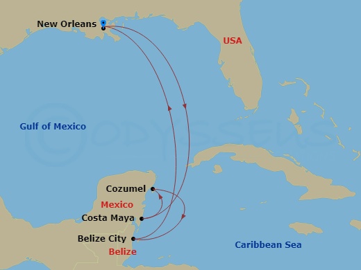 RCL Mariner of the Seas - 7 Night - Western Caribbean Cruise - RCL Mariner of the Seas - Starting in New Orleans, Louisiana, Puerto Costa Maya, Mexico, Belize City, Belize, Cozumel, Me.. itinerary map