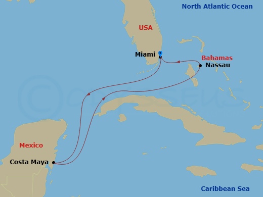 RCL Freedom of the Seas - 5 Night - Western Caribbean Getaway - RCL Freedom of the Seas - Starting in Miami, Florida, Puerto Costa Maya, Mexico, Nassau, Bahamas, Miami, Florida itinerary map