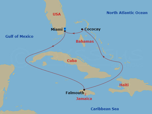 RCL Freedom of the Seas - 5 Night - Perfect Day Cococay & West Carib - RCL Freedom of the Seas - Starting in Miami, Florida, Falmouth, Jamaica, Perfect Day Cococay, Bahamas, Miami, Flo.. itinerary map