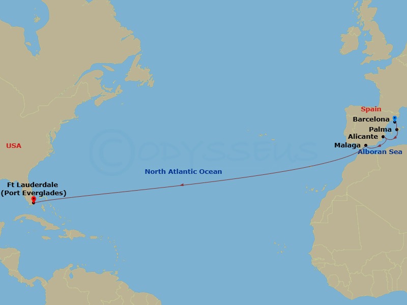RCL Legend of the Seas - 13 Night - Spanish Transatlantic Cruise - RCL Legend of the Seas - Starting in Barcelona, Spain, Palma De Mallorca, Spain, Alicante, Spain, Malaga, Spain, For.. itinerary map