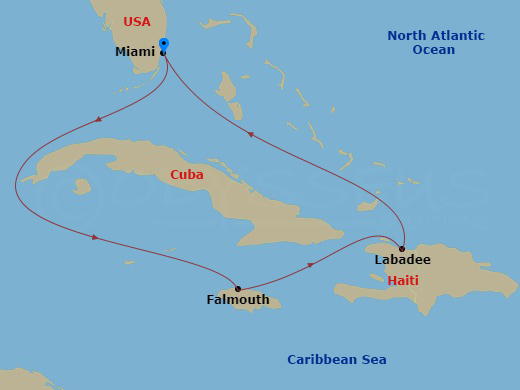 RCL Freedom of the Seas - 5 Night - Western Caribbean Getaway - RCL Freedom of the Seas - Starting in Miami, Florida, Falmouth, Jamaica, Labadee, Haiti, Miami, Florida itinerary map