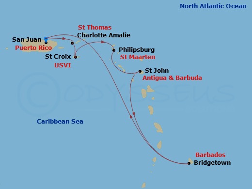 RCL Rhapsody of the Seas - 7 Night - Southern Caribbean Cruise - RCL Rhapsody of the Seas - Starting in San Juan, Puerto Rico, Charlotte Amalie, St Thomas, St Croix, US Virgin Islands,.. itinerary map