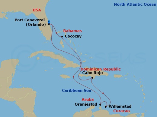 Adventure of the Seas - 9 Night - Perfect Day Cococay & South Carib - Adventure of the Seas - Starting in Orlando (Port Canaveral), Fl, Oranjestad, Aruba, Willemstad AN, Curacao, Cab.. itinerary map
