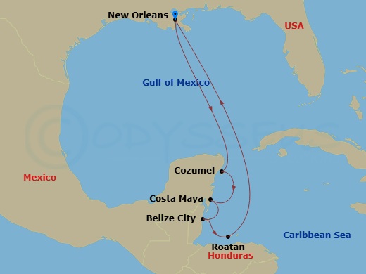 RCL Mariner of the Seas - 9 Night - Western Caribbean Cruise - RCL Mariner of the Seas - Starting in New Orleans, Louisiana, Cozumel, Mexico, Puerto Costa Maya, Mexico, Belize City, Be.. itinerary map