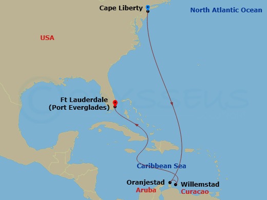 9 Night - Cape Liberty to Ft. Lauderdale - Oasis of the Seas - Starting in Cape Liberty, Nj (Ny Metro), Oranjestad, Aruba, Willemstad AN, Curacao, Fort Lauderdale, Florida itinerary map