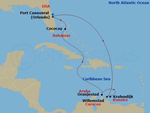 9 Night - Perfect Day Cococay & South Carib - Adventure of the Seas - Starting in Orlando (Port Canaveral), Fl, Willemstad AN, Curacao, Kralendijk, Bonaire, Oranjestad, Aruba, Perfect Day Cococay, Bahamas, Orlando (Port Canaveral), Fl itinerary map