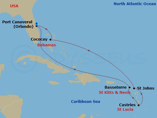RCL Adventure of the Seas - 9 Night - Perfect Day Cococay & South Carib - RCL Adventure of the Seas - Starting in Orlando (Port Canaveral), Fl, Perfect Day Cococay, Bahamas, St Johns AG,.. itinerary map