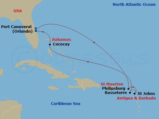 RCL Adventure of the Seas - 9 Night - Perfect Day Cococay & East Carib - RCL Adventure of the Seas - Starting in Orlando (Port Canaveral), Fl, Philipsburg, St Maarten, St Johns AG, Antig.. itinerary map