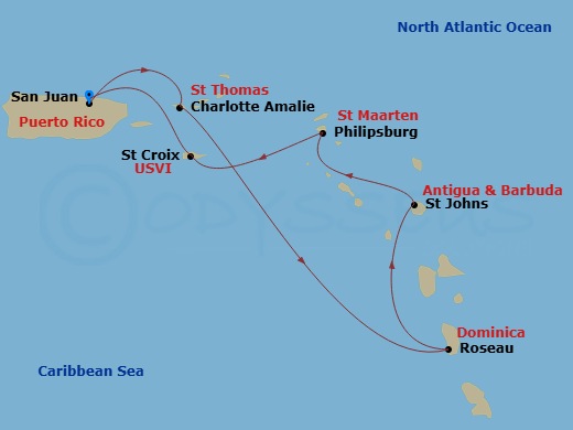 7 Night - Southern Caribbean Cruise - Rhapsody of the Seas - Starting in San Juan, Puerto Rico, Charlotte Amalie, St Thomas, Roseau, Dominica, St Johns AG, Antigua, Philipsburg, St Maarten, St Croix, US Virgin Islands, San Juan, Puerto Rico itinerary map